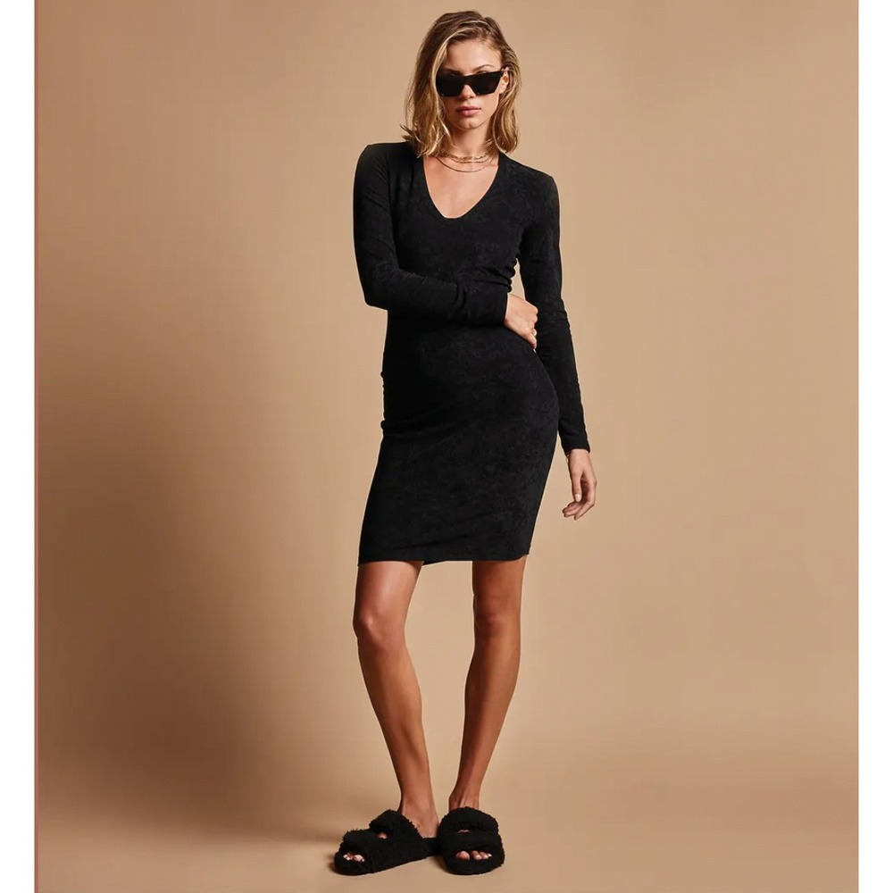 James Perse Skyline Black V-Neck Long Sleeve Bodycon Dress Size 2